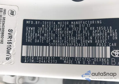 2017 Toyota Corolla Le from USA, damaged, VIN 5YFBURHE8HP634031